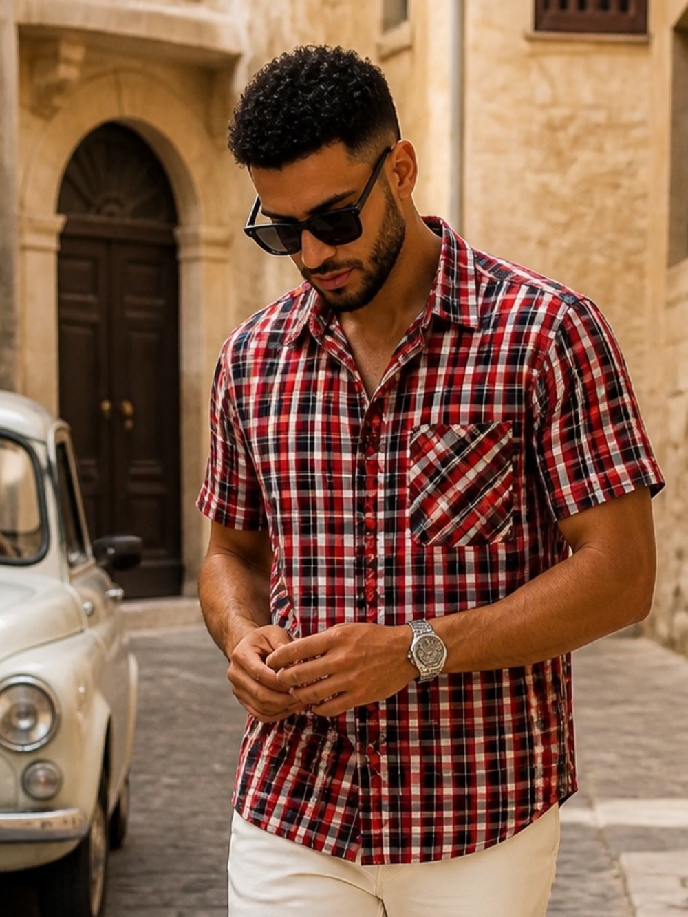 Fourstar Clothing Co Men's Plaid Button Up Shirt Red Black White Short Sleeve